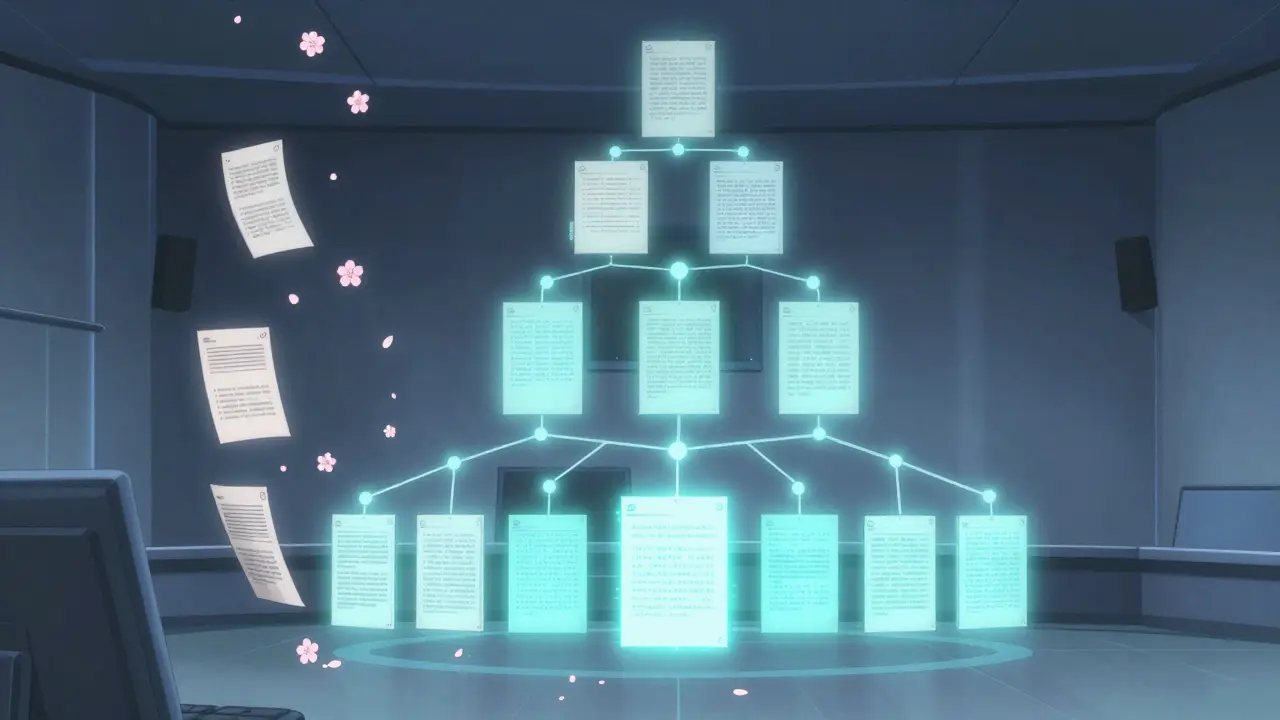 Interface numérique montrant des blocs de document se transformant en résumés hiérarchiques.