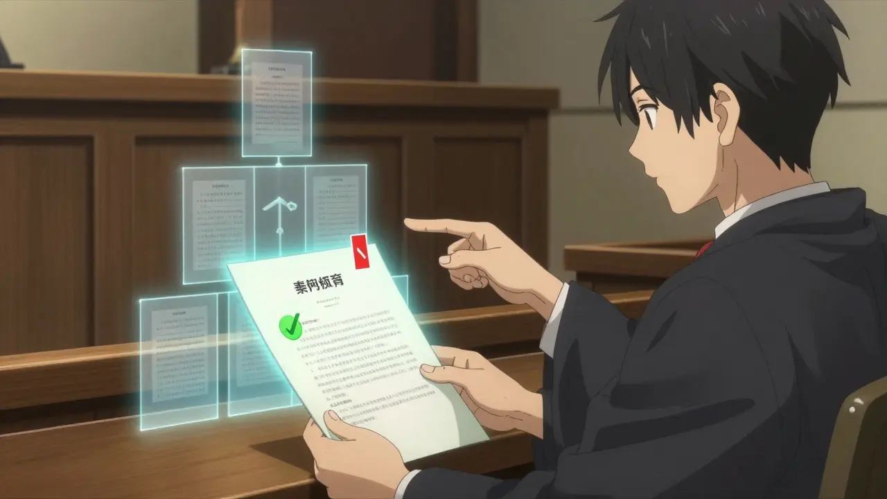 Juge dans un tribunal avec une hiérarchie de résumés projetée sur un document.