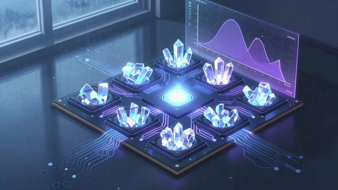 Puce GPU avec huit modules experts, deux en activité, des données flottantes et une courbe de similarité en arrière-plan, style anime doux.