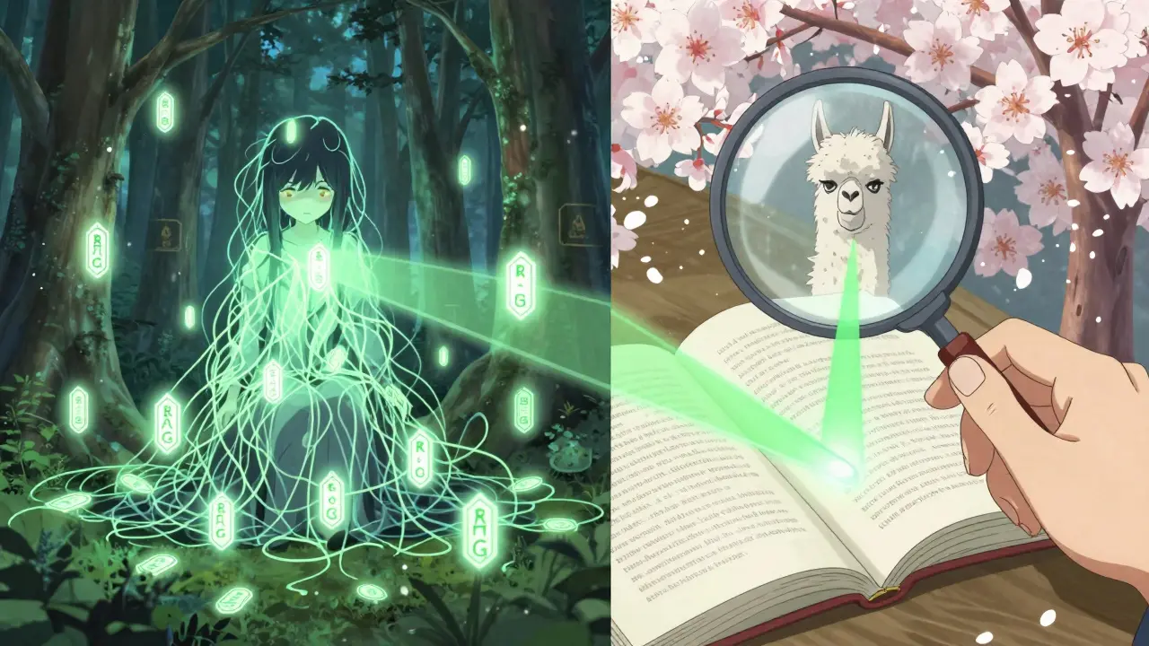 Scène divisée : un chaos de tokens contre une sélection précise de paragraphes guidée par des faisceaux verts, symbolisant RAG.