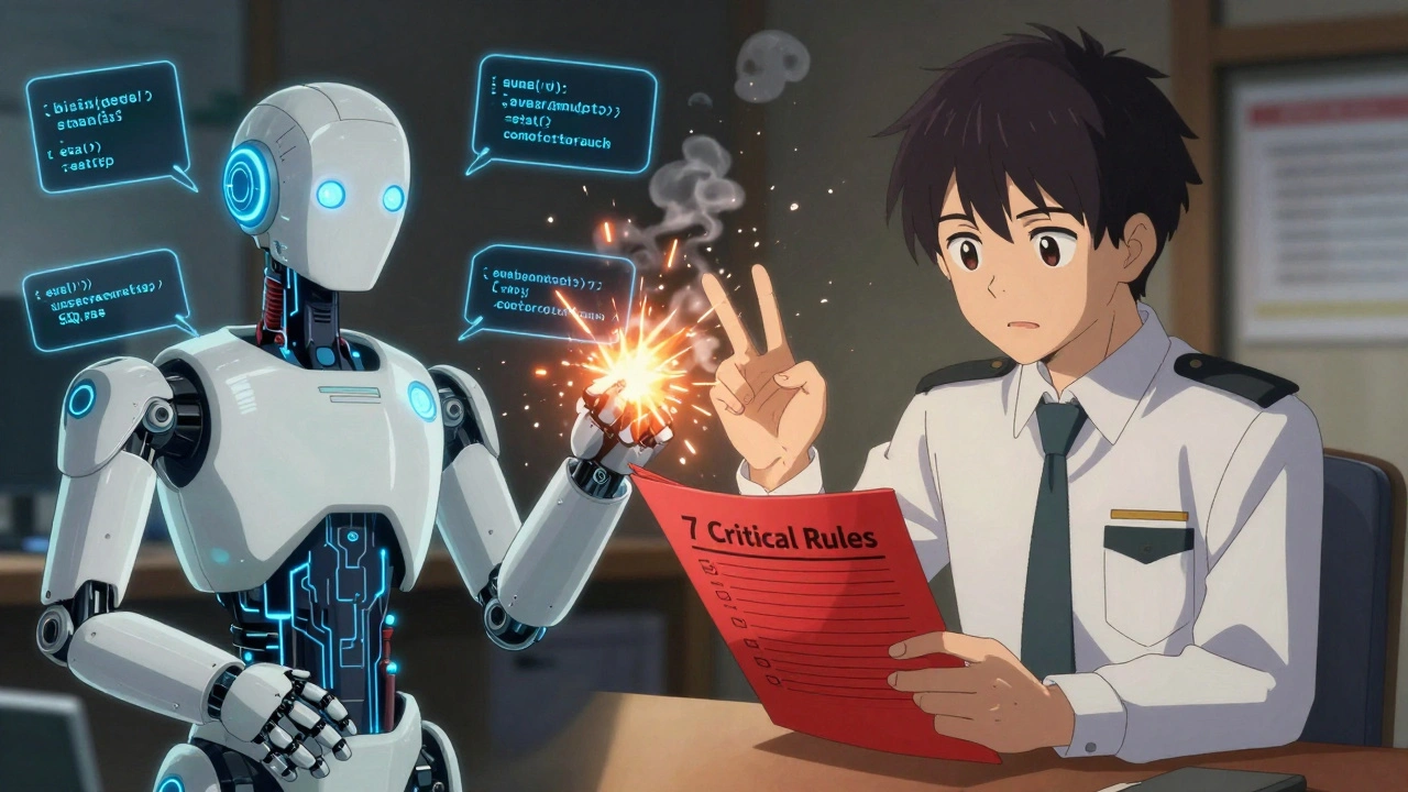 Un assistant IA suggérant du code vulnérable face à un ingénieur humain tenant une checklist de sécurité.