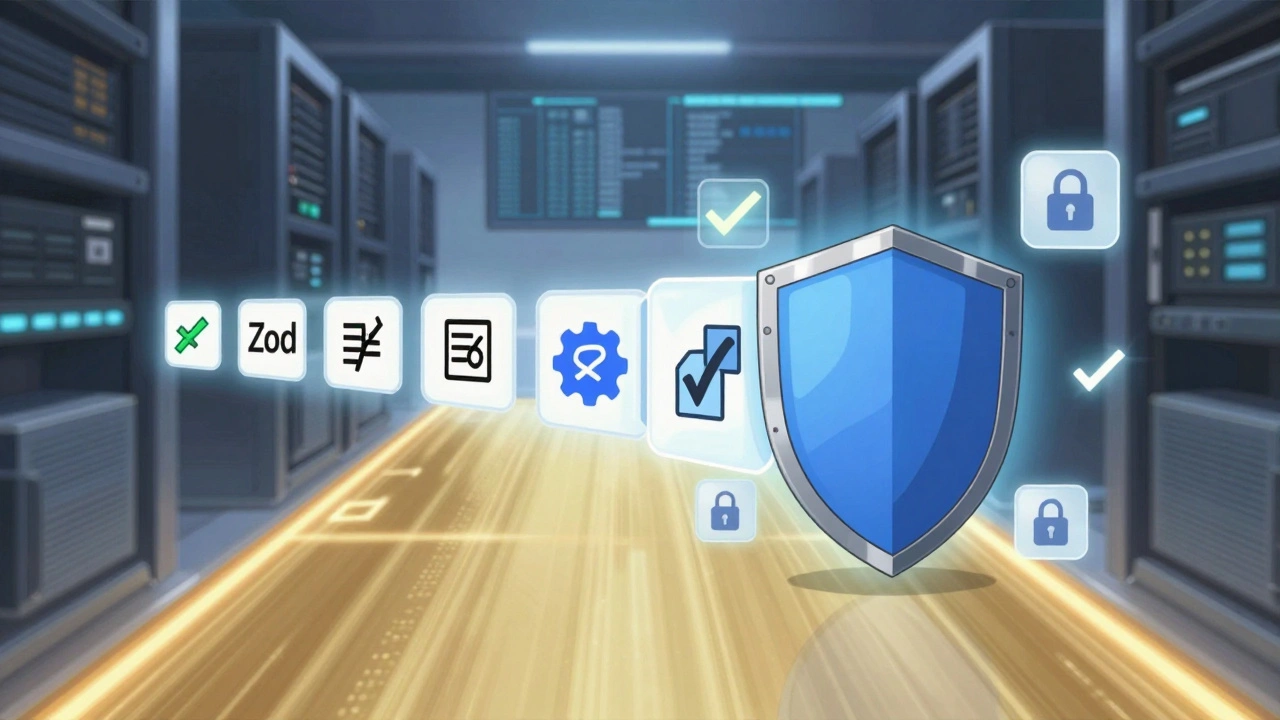 Un composant de production se forme le long d'un chemin doré, entouré de tests, de schémas Zod et de pods Kubernetes.