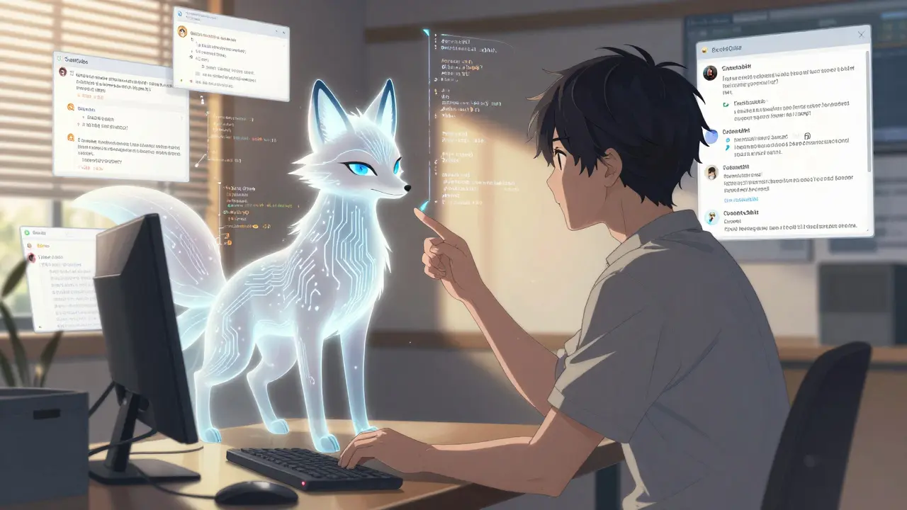 Un développeur et un esprit IA sous forme de renard lumineux révisent ensemble du code.