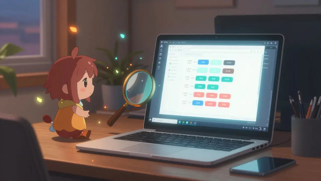 Un développeur observe un arbre DOM simplifié projeté sur un écran, entouré de fragments de données lumineux.