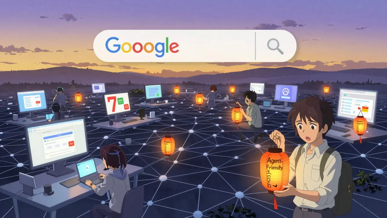 Un écosystème web idéalisé montre des agents IA et des sites en équilibre sous un ciel crépusculaire.