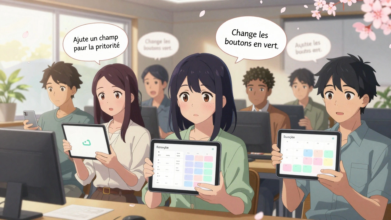 Un groupe de personnes dans un espace de travail partagé, tenant des appareils affichant des applications créées avec des mots.