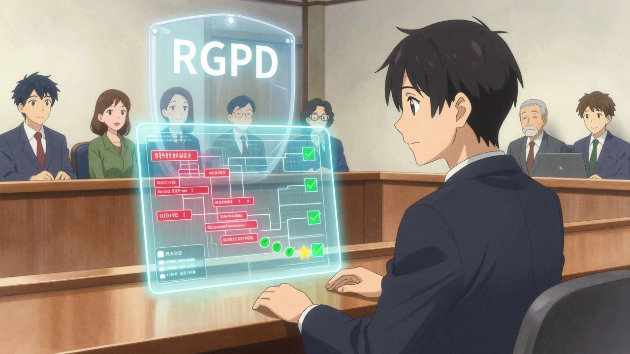 Un juge examine un schéma de protection des données sous un bouclier RGPD, dans un style anime apaisant.