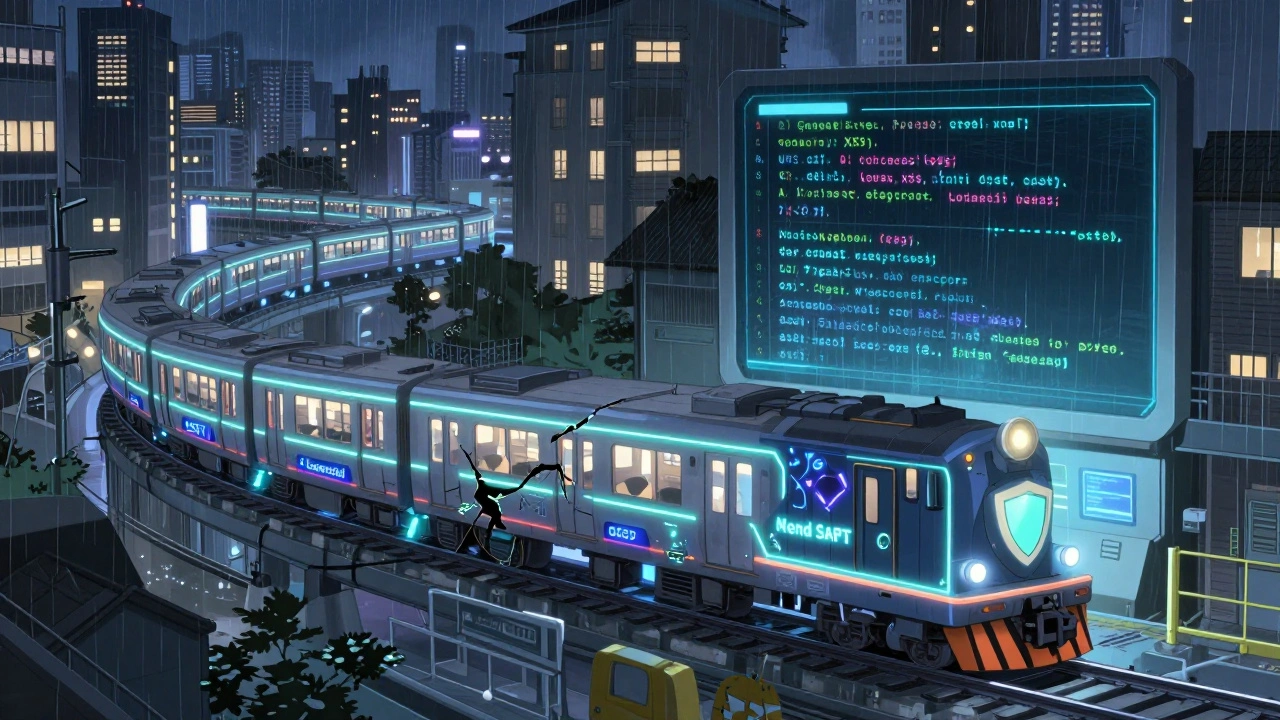 Un train de code AI endommagé étant réparé par un système de sécurité Mend SAST dans une ville cybernétique.