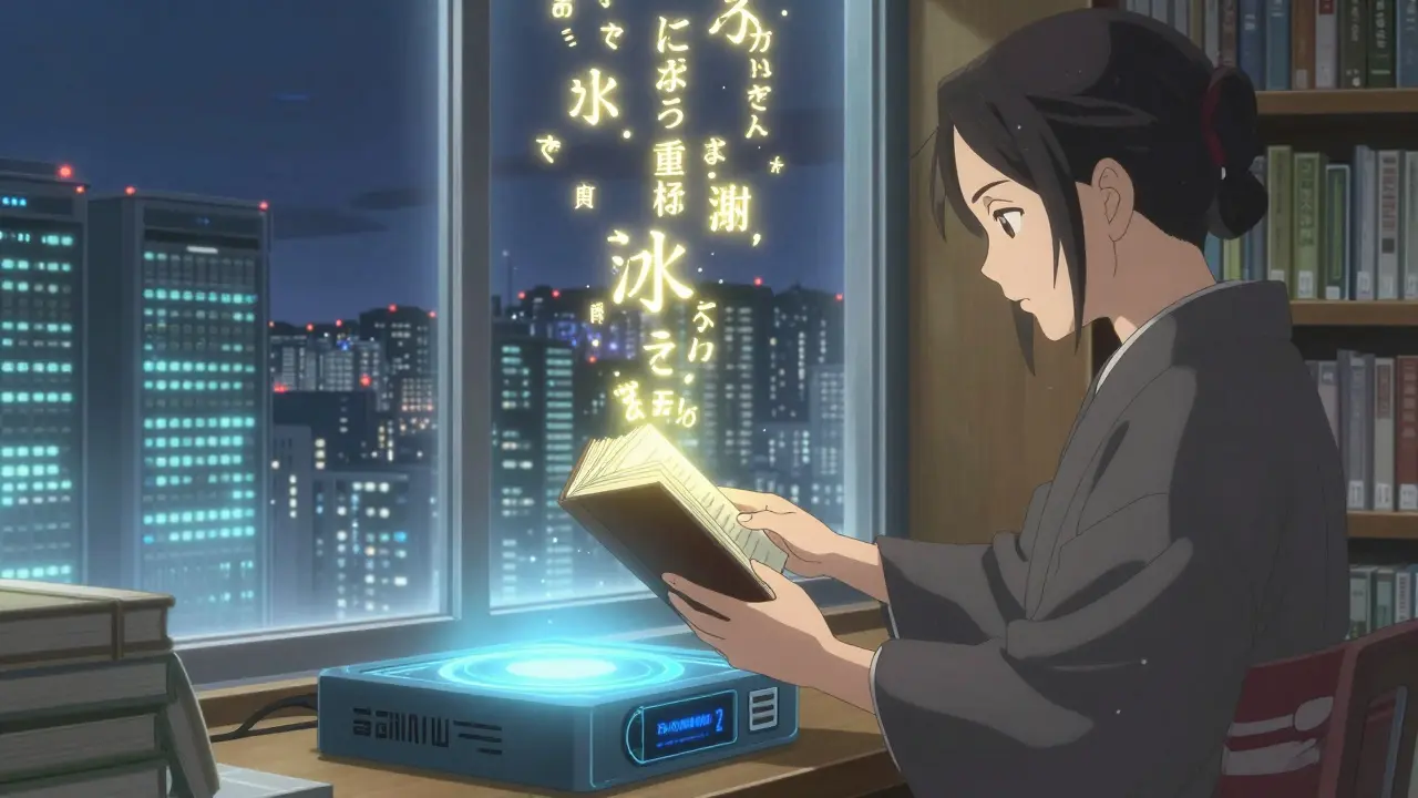 Une bibliothèque futuriste où un livre est lu avec FlashAttention-2, ne conservant que les phrases essentielles en caractères lumineux.