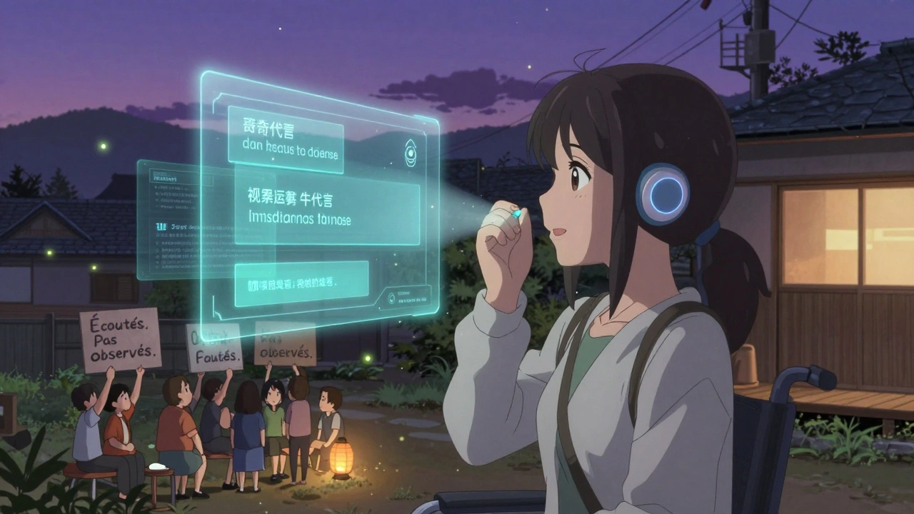 Une femme sourit devant un assistant IA personnalisé, tandis que des scénarios passés de biais disparaissent, entourée de sa communauté sous des lanternes.