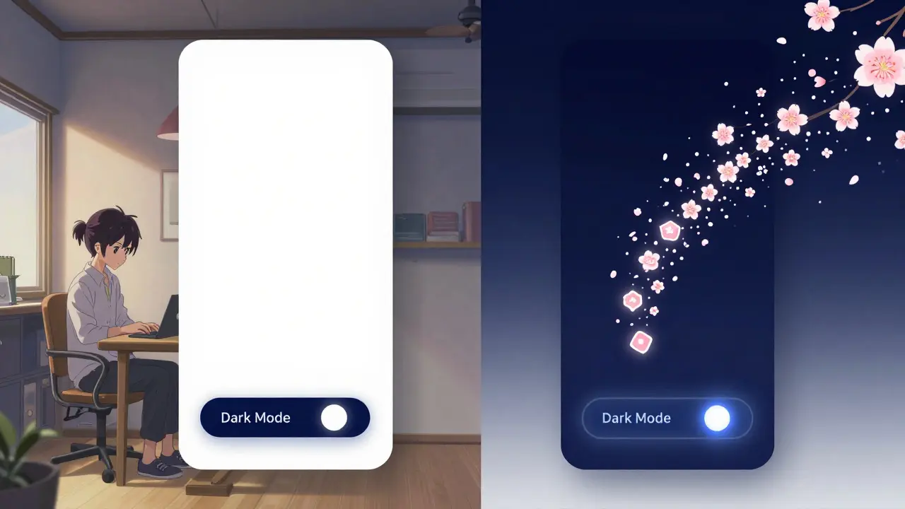 Une interface qui bascule en mode sombre, avec des jetons lumineux qui s'écoulent comme des pétales.