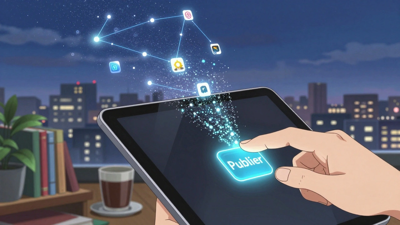 Une main appuie sur un bouton 'Publier', libérant des particules de code qui deviennent une constellation d'applications.