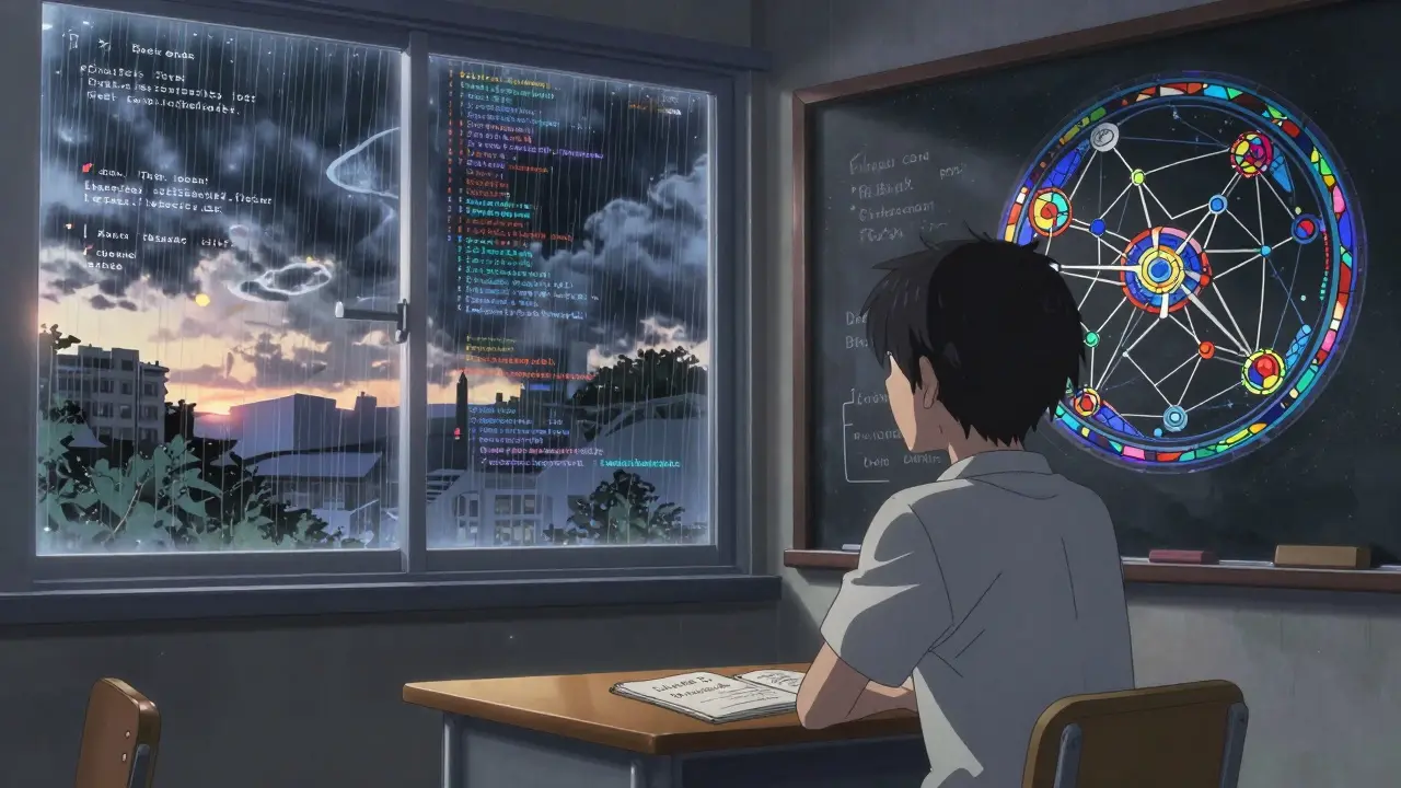 Une salle de classe où des données d'Internet coulent comme la pluie vers un tableau de réseaux neuronaux.