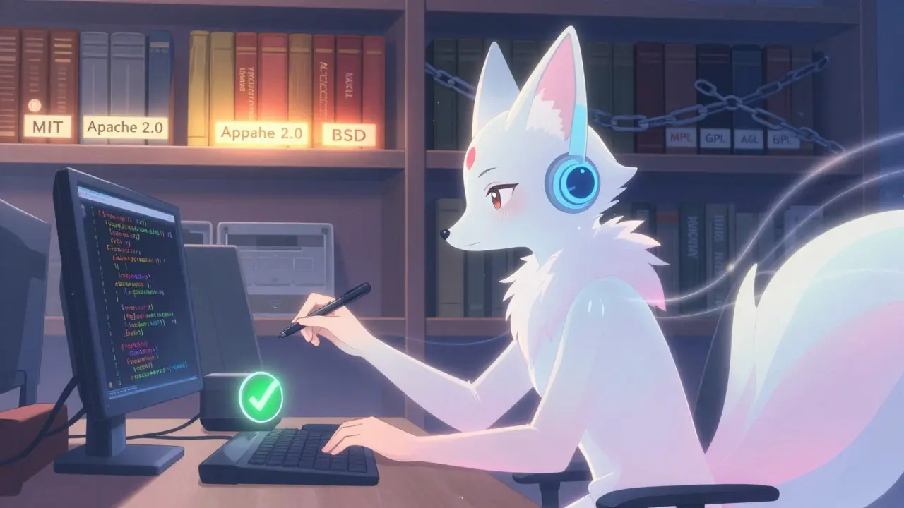 Assistant IA en forme de renard lumineux guide un développeur, avec des licences triées en étagères lumineuses et sombres dans un style onirique.