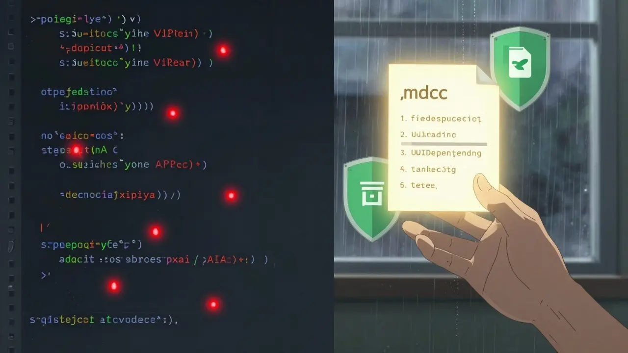 Code vulnérable à gauche transformé en code sécurisé à droite avec des boucliers protecteurs.