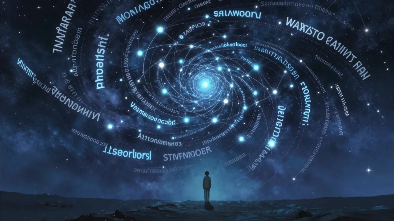 Des milliers de mots flottent dans un cosmos numérique, reliés par des fils de lumière, tandis qu'une personne regarde depuis le sol.