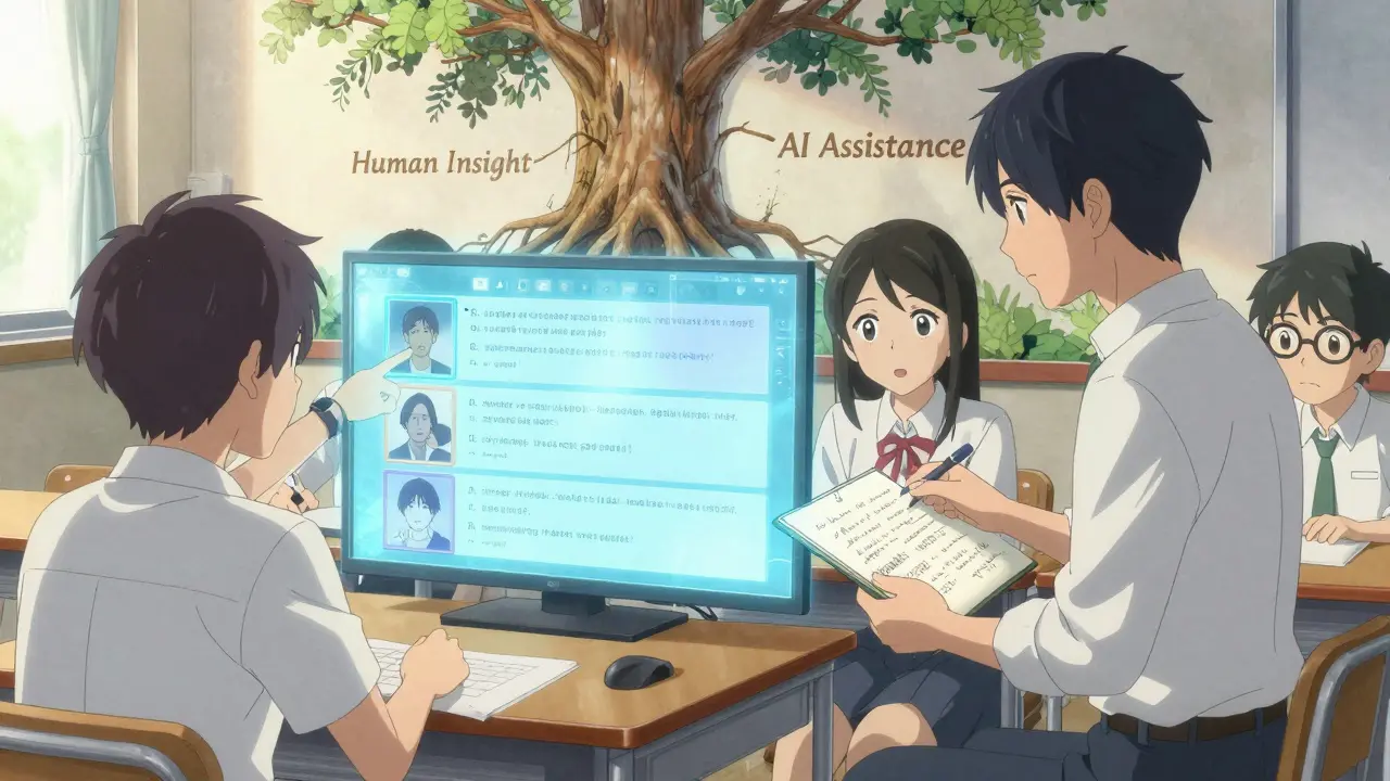 Élèves et enseignant analysant ensemble une évaluation générée par l'IA, avec des corrections manuscrites visibles.