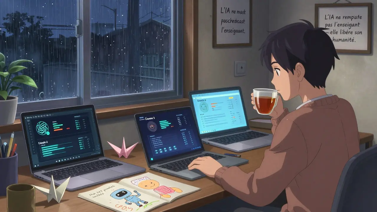 Enseignant détendu dans son bureau, entouré d'écrans comparant des modèles d'IA, avec un dessin d'enfant et une citation inspirante.