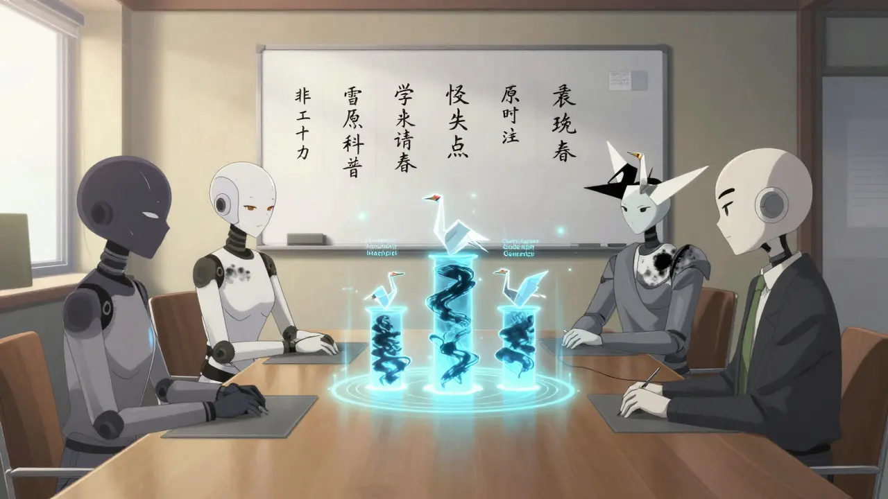 Équipe collaborant avec des agents IA sous forme d'origamis autour d'un modèle d'architecture en hologramme.