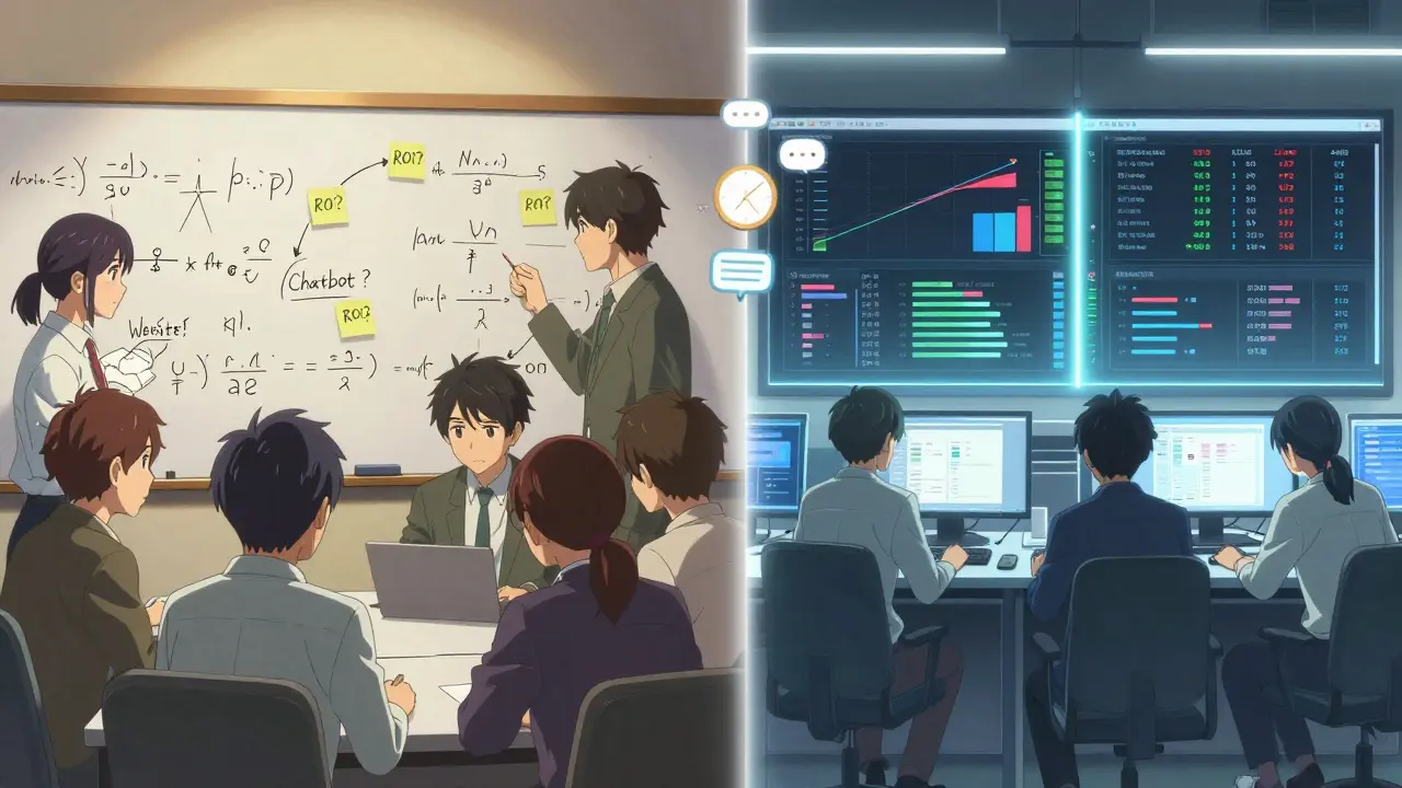 Équipe en désaccord à gauche, équipe méthodique à droite, comparant des tests A/B avec des outils d'IA.