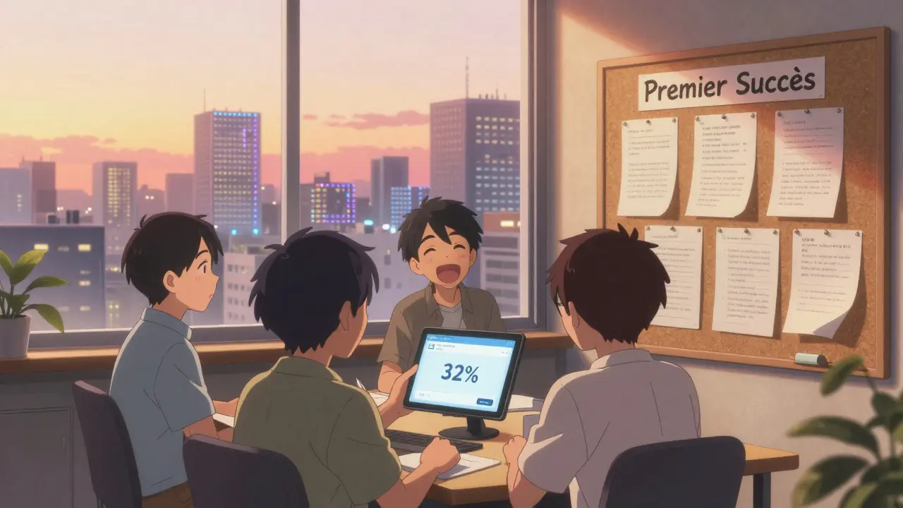 Équipe souriante dans une salle de pause, regardant un écran affichant une réduction de 32 % du temps de traitement.