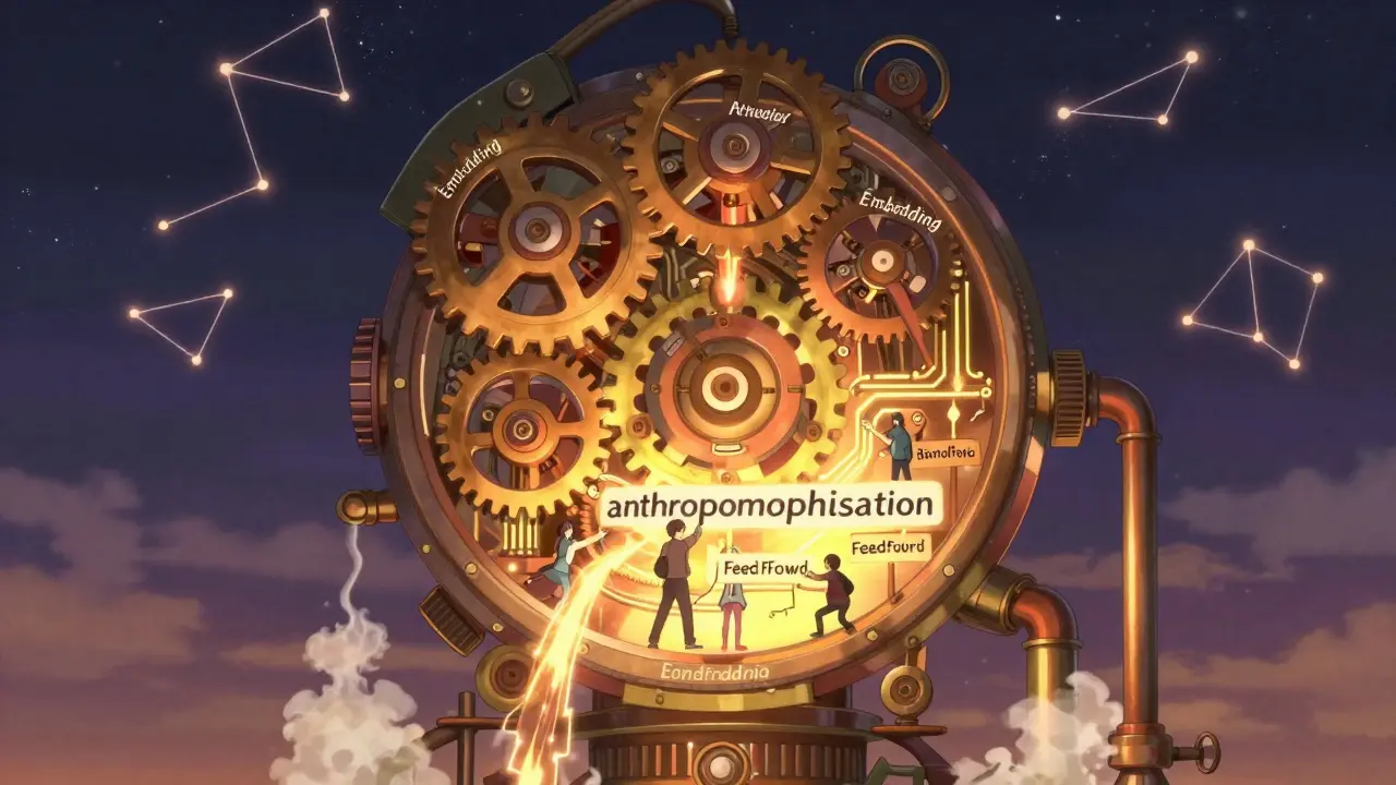 Machine horlogère géante avec des engrenages nommés Embedding, Attention et FeedForward, en fonctionnement harmonieux.