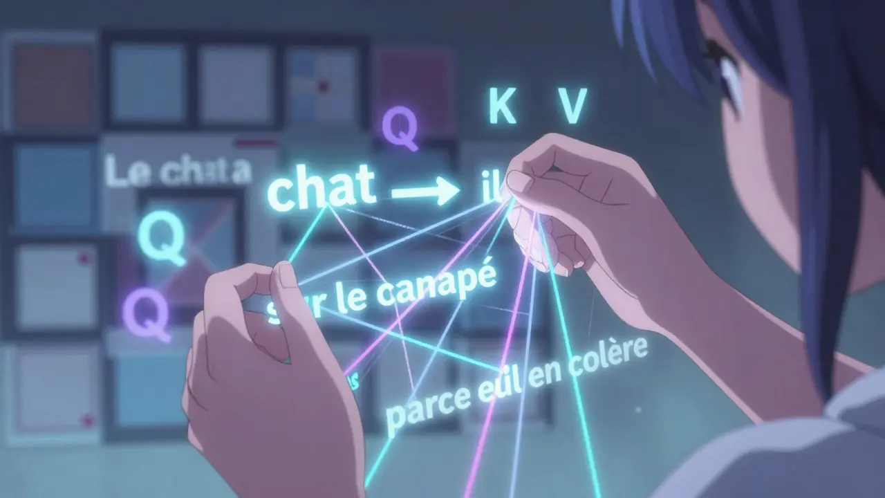 Mains manipulant des fils de lumière représentant les têtes d'attention reliant des mots dans une phrase.