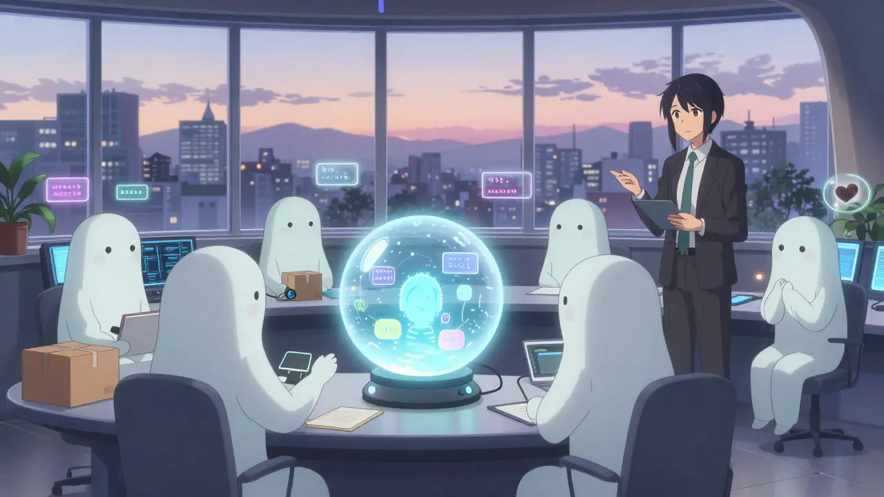 Plusieurs agents LLM collaborent dans une salle de contrôle apaisante, vérifiant chaque décision avec un humain avant d'agir.