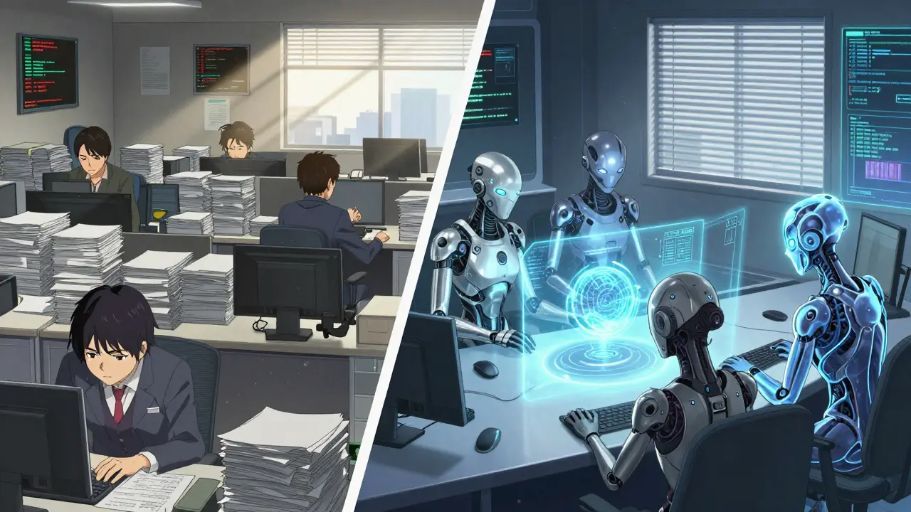 Scène comparée : employés stressés face à des papiers contre des agents IA harmonieux dans une salle de contrôle futuriste.