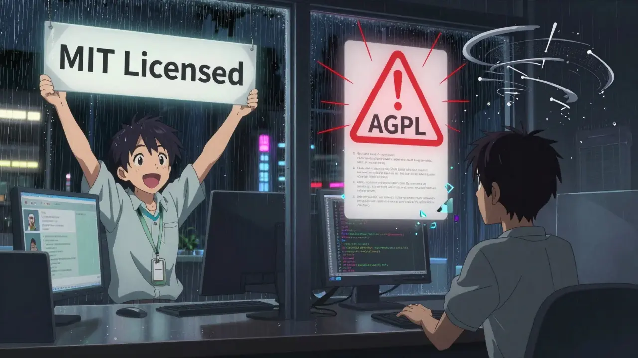 Scène divisée : d'un côté un développeur heureux avec une licence MIT, de l'autre un développeur face à une notification juridique rouge AGPL.