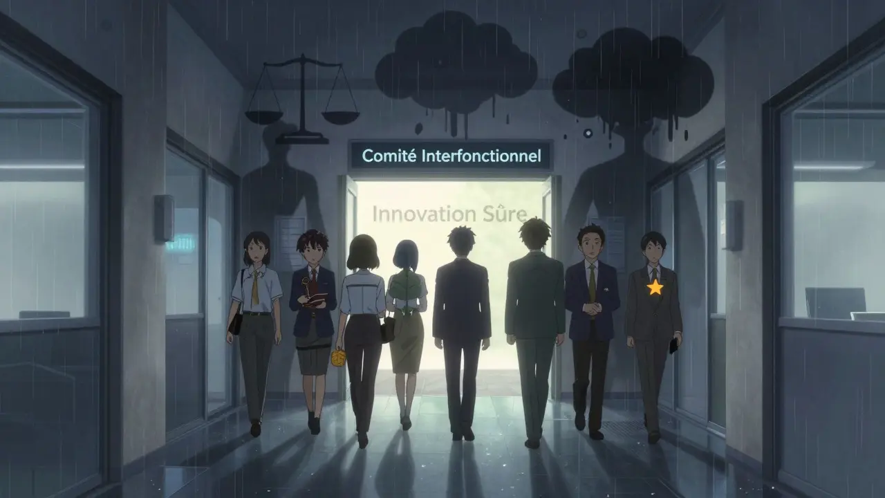 Sept employés marchent vers une porte lumineuse symbolisant l'innovation éthique, sous une pluie douce.