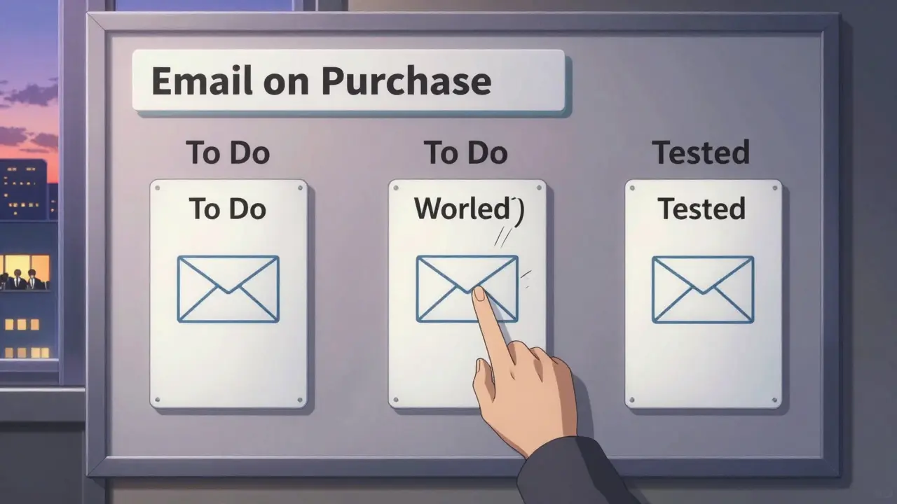 Tableau Kanban avec une tranche verticale en cours de validation, éclairée par la lumière du crépuscule.