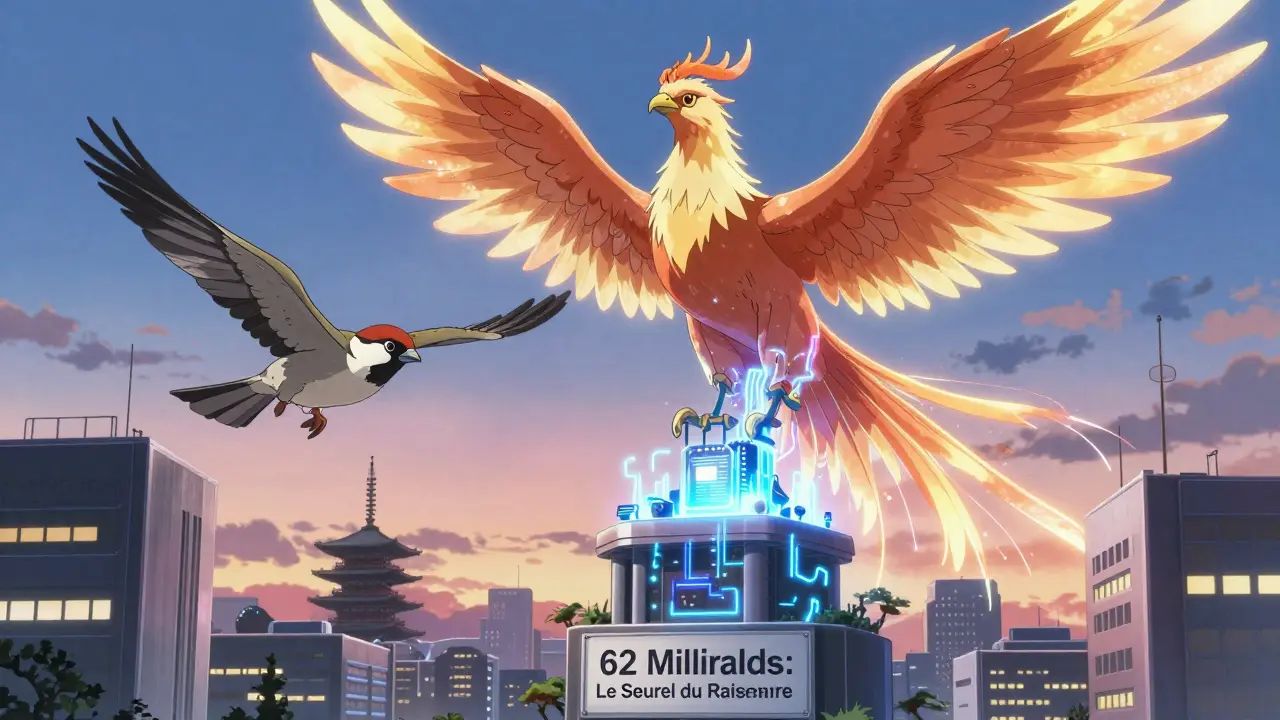 Trois oiseaux symboliques volant au-dessus d'une ville futuriste, représentant les trois niveaux de modèles.