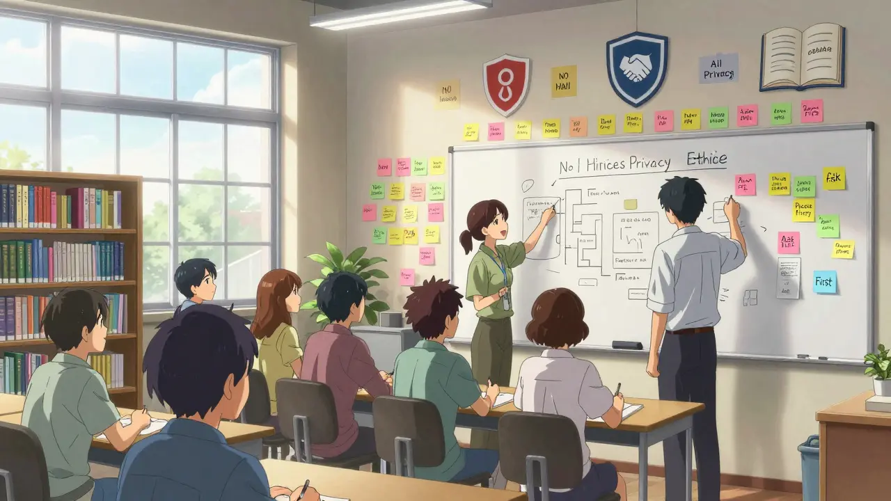 Un atelier collaboratif dans une université où des personnes de différents rôles conçoivent ensemble des principes d'éthique pour l'IA.