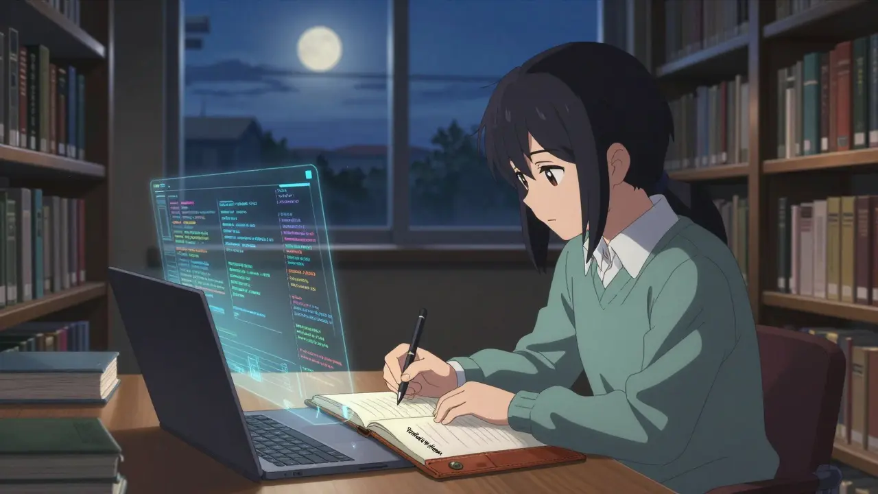 Un chercheur documente soigneusement l'utilisation d'une IA dans une bibliothèque, des annotations transparentes flottent autour de lui.