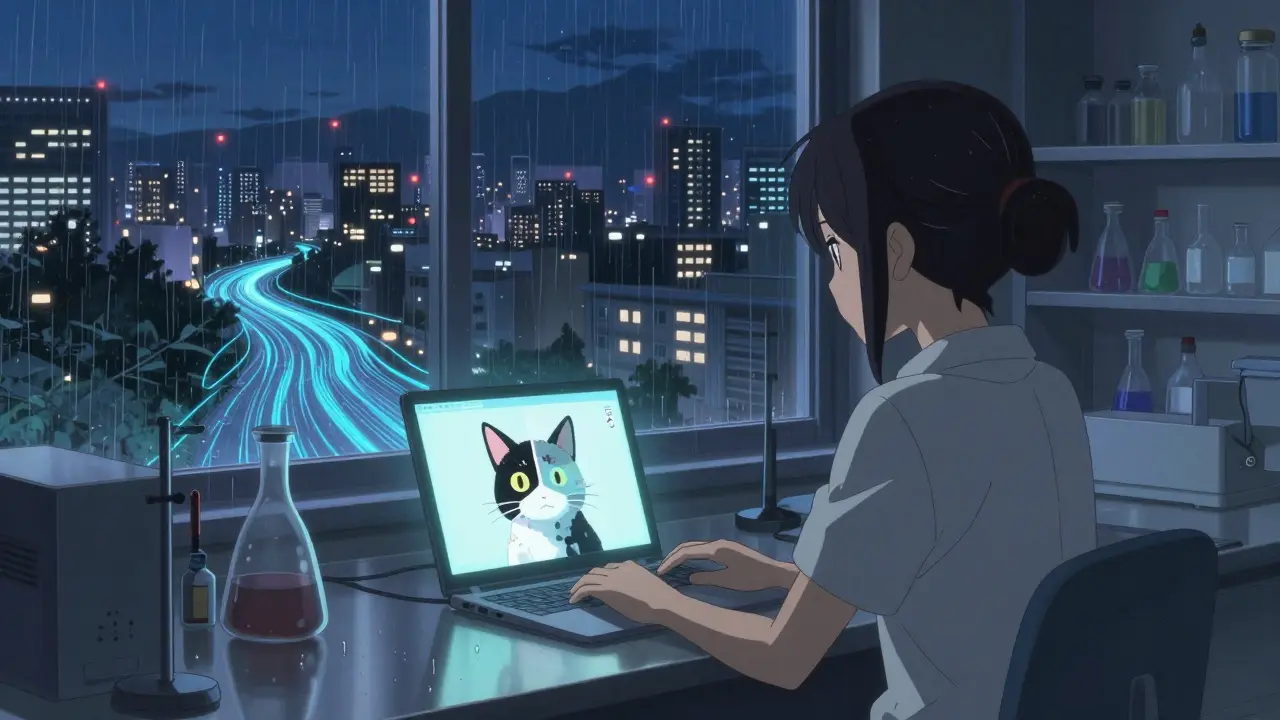 Un étudiant regarde une image se reconstruire à partir de pixels masqués, sous un ciel de ville illuminé.