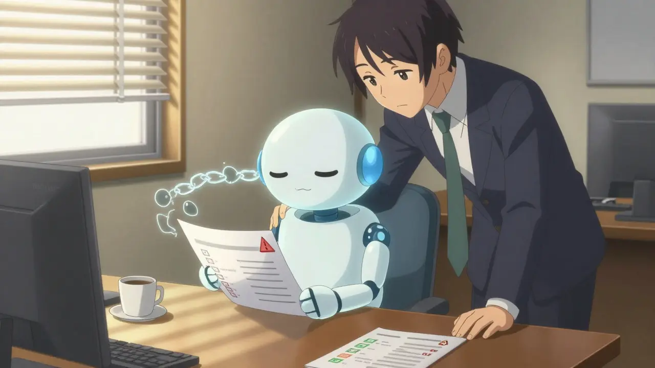 Un humain pose une main sur l'épaule d'un agent qui sourit, entouré de rapports et d'une chaîne de mémoire corrigée.