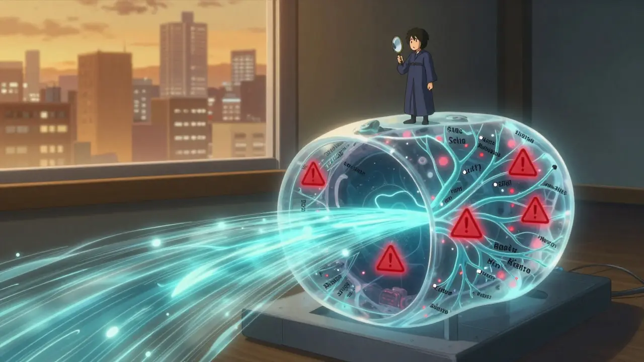 Un modèle de langage transparent où des données sensibles fuient comme des rivières lumineuses.