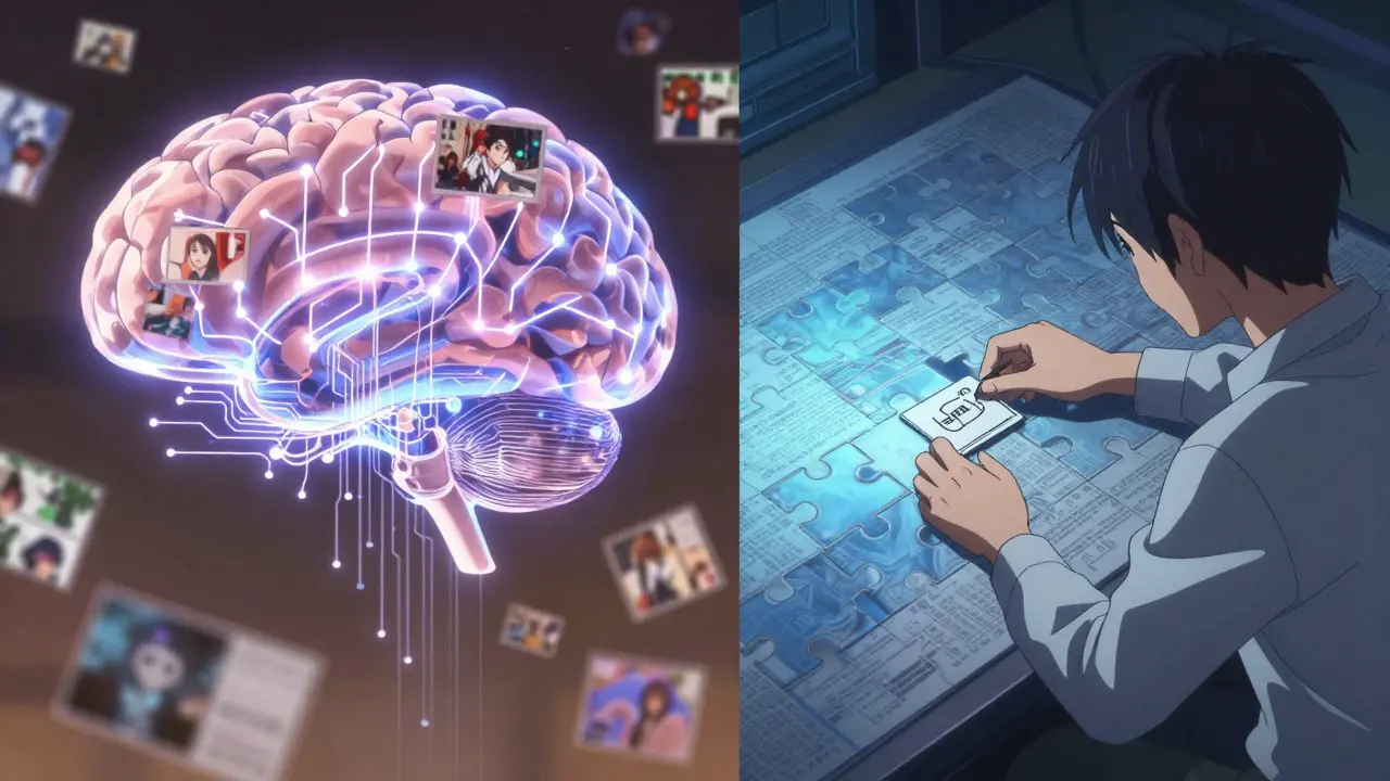 Un réseau neuronal brillant traite des données, tandis qu'une carte étiquetée complète un puzzle numérique.