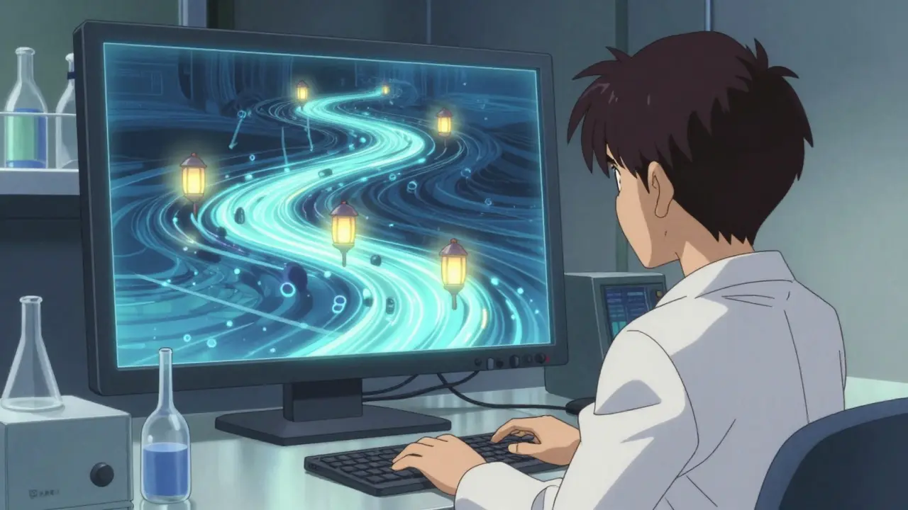 Un scientifique observe un réseau neuronal en forme de rivière lumineuse, des lanternes éclairent ses points clés.
