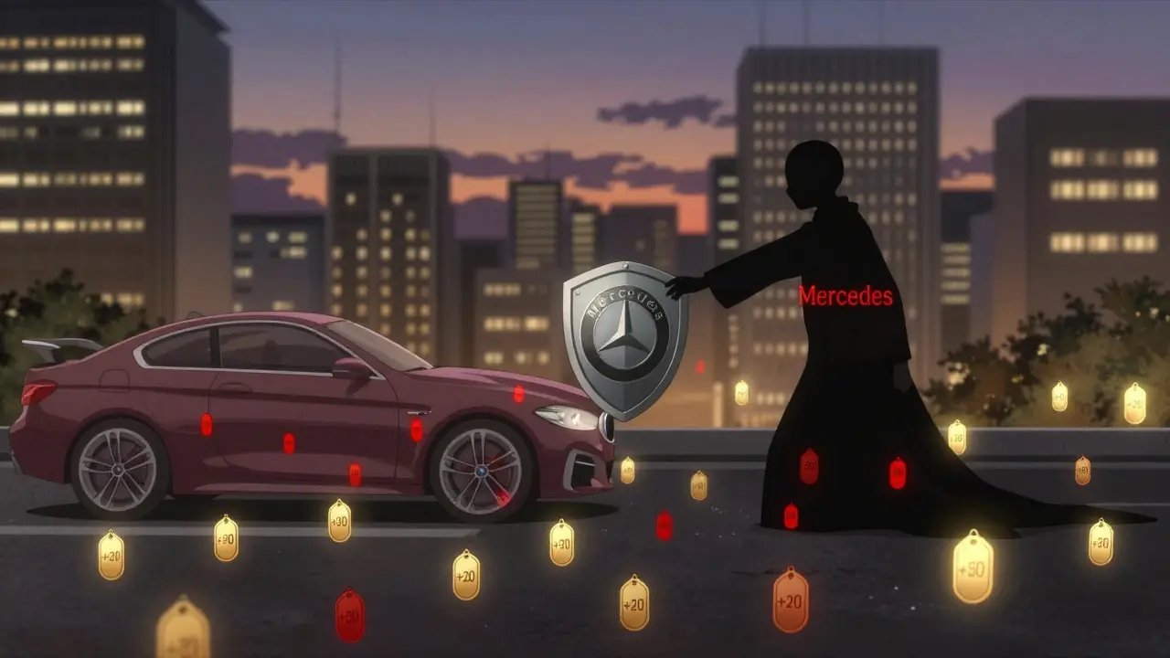 Un symbole de marque protégé bloque des variantes de jetons concurrents dans un paysage urbain animé.