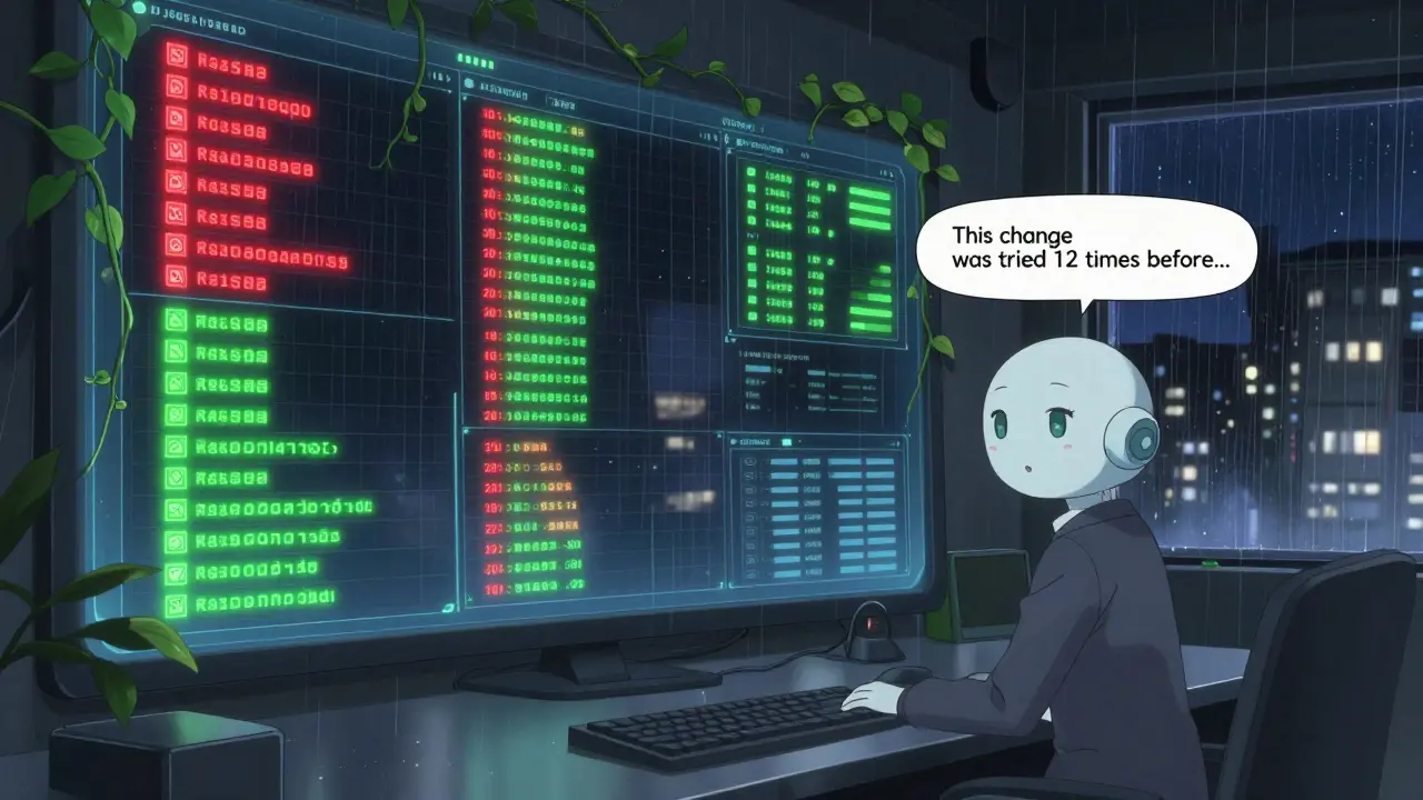 Un tableau de bord d'IA affiche des journaux automatisés qui brillent comme des lianes, avec un assistant IA doux qui propose une suggestion.