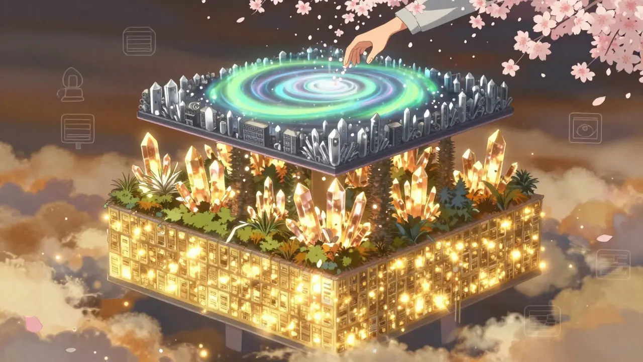 Une architecture de stockage en trois niveaux représentée comme un jardin flottant : particules dorées, cristaux NVMe et aurore de cache.