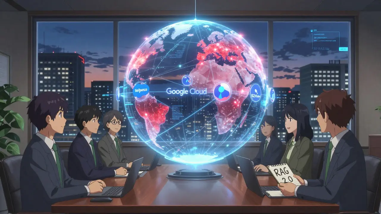 Une salle de réunion où une sphère projette des métriques de fiabilité IA, reliant des icônes de plateformes technologiques à un ciel urbain lumineux.