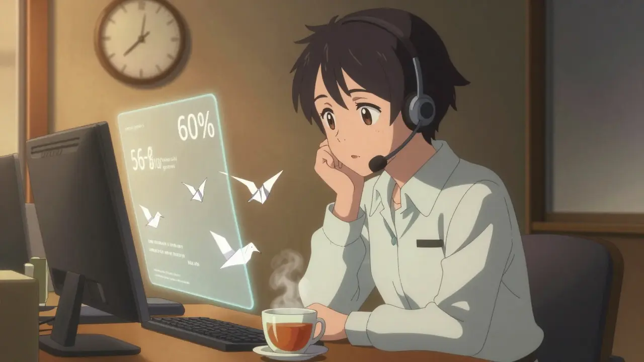 Agent de service client entouré d'oiseaux en papier numériques, une horloge recule, symbole du temps récupéré grâce à l'IA.