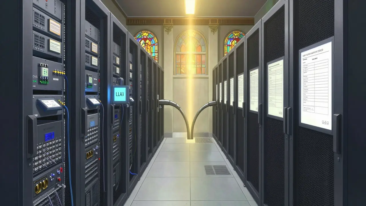 Architecture hybride : données sensibles traitées localement et tâches légères dans le cloud privé.