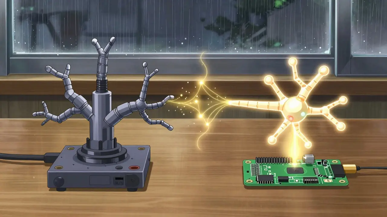 Capteur industriel et Raspberry Pi connectés à un réseau neural qui s'adapte en temps réel, avec une lumière dorée les reliant.