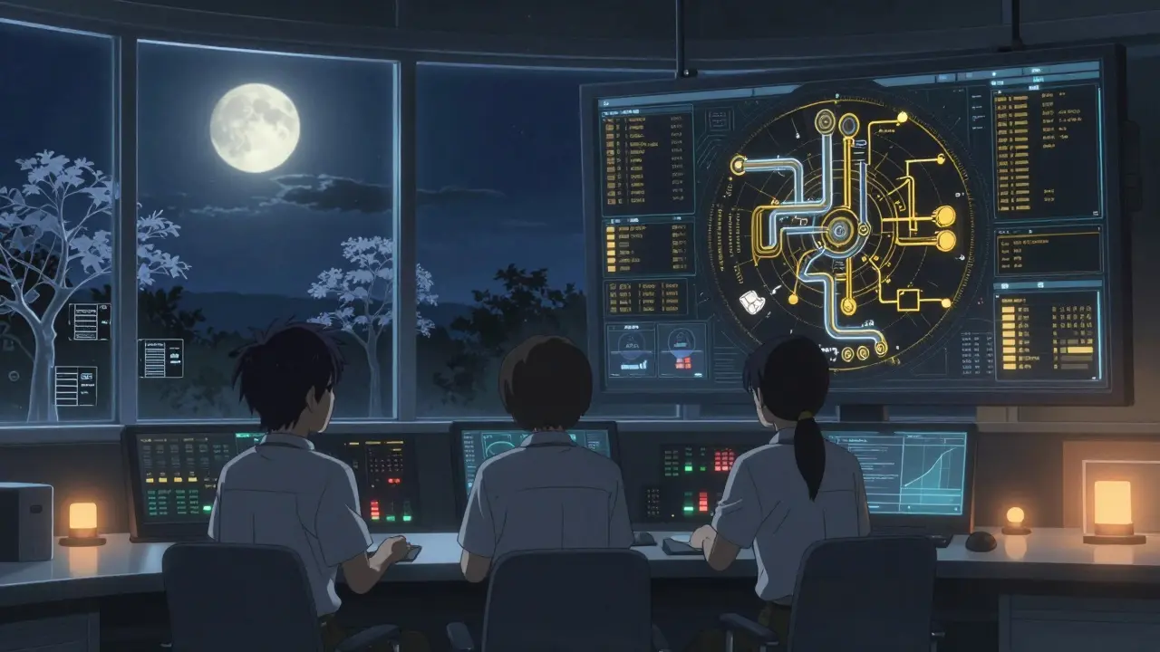 Centre de contrôle nocturne avec tableau de bord circulaire et historique des versions de modèle flottant en l'air.