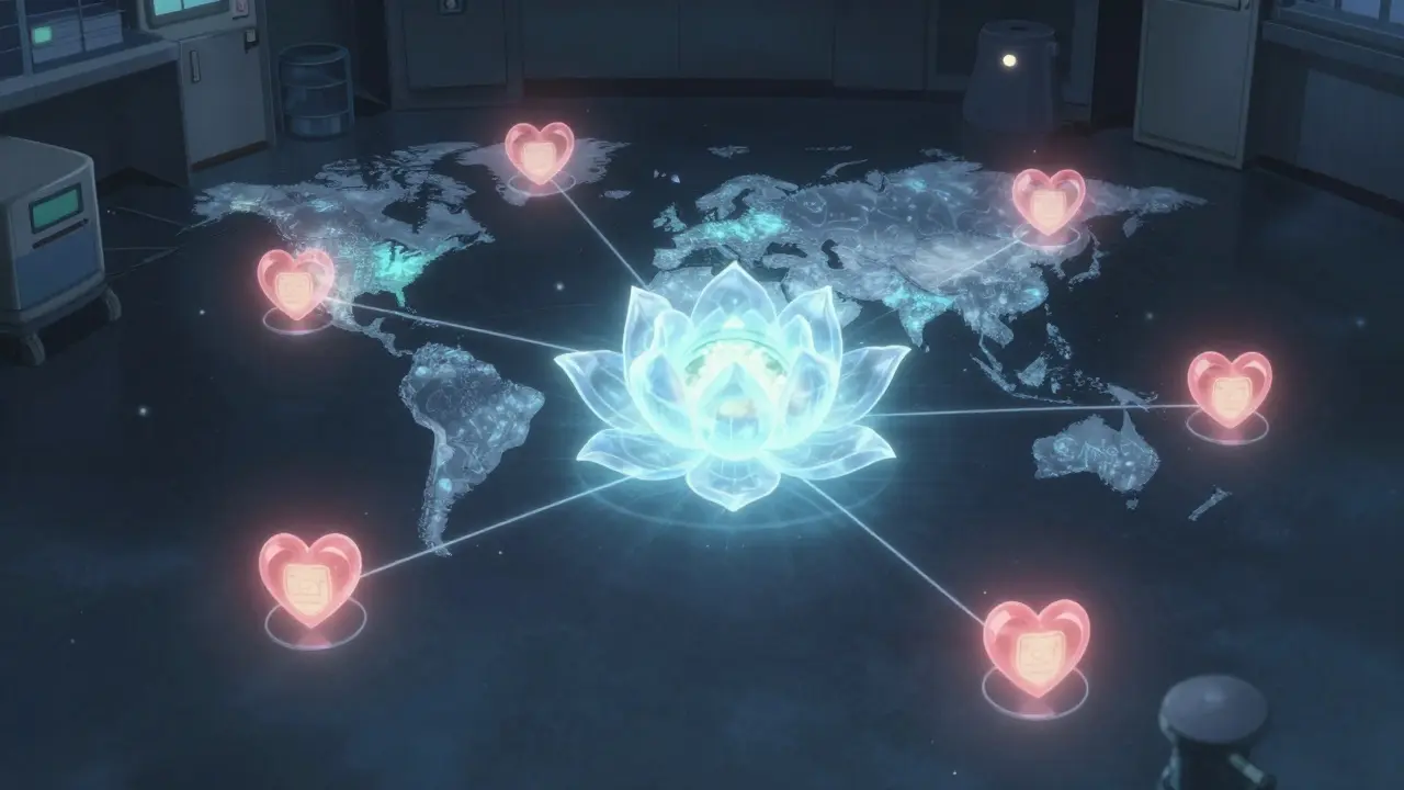 Cinq hôpitaux partagent des mises à jour d'IA chiffrées, représentées par des cœurs lumineux et une fleur de lotus.