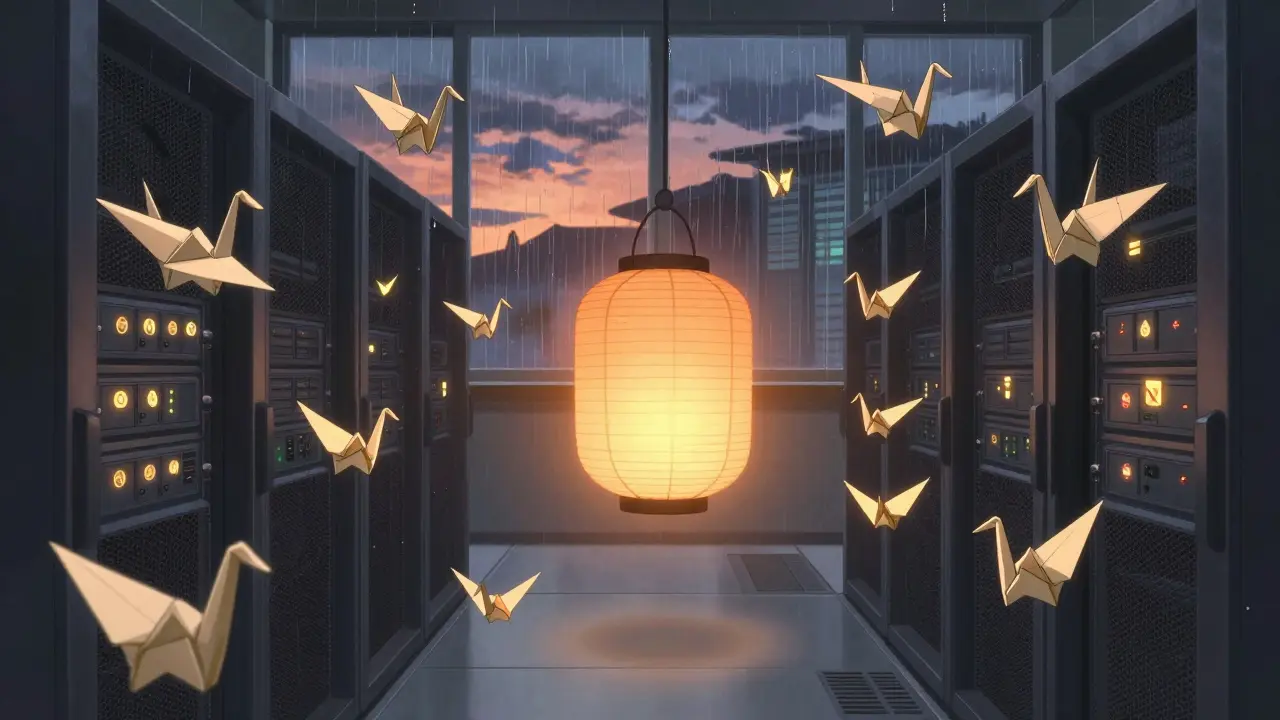 Des transactions financières chiffrées sous forme de grues en papier, traitées en toute sécurité par une IA.